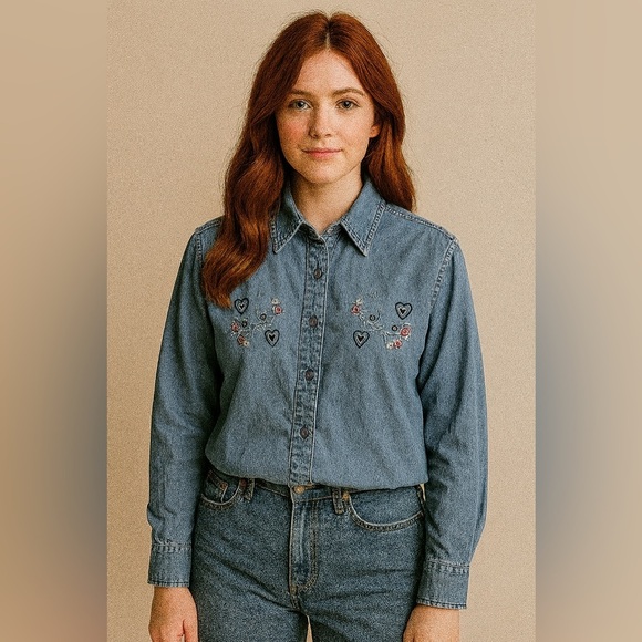 Tops - Vintage denim embroidered Heart floral western Cottagecore button down size s  